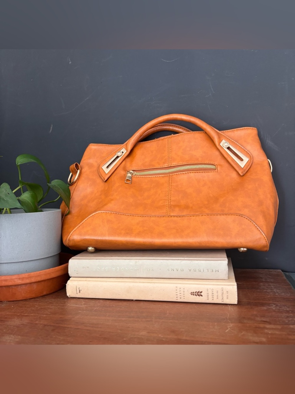 Classic Tan Faux Leather Satchel Handbag - Unbranded